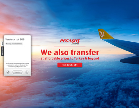 Isobar'dan Wetransfer'de uluslararası Pegasus Airlines reklamı: "We also transfer".